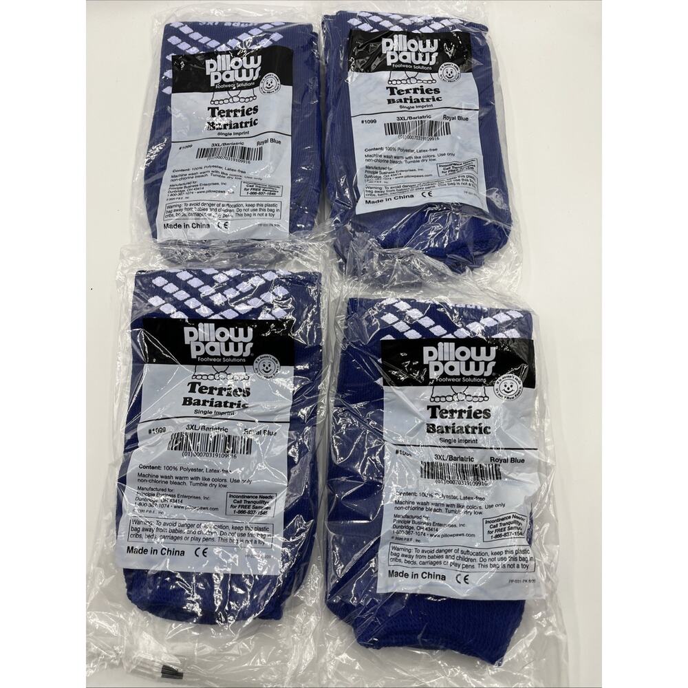 4 PAIR Non Skid Pillow Paws Slipper Socks 3X-L Bariatric Royal Blue Single Side
